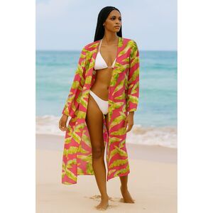 Aura The Label Tropical Leaf Print Open Front Kimono Cover-Up M NWOT